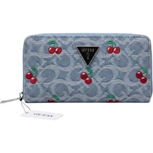 Guess Blue Denim Jacquard Cherry Embroidered Zip Around Wallet Logo Plaque NWT